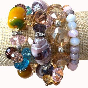 Set Of 4 Glass Beaded Stretch Bracelets With Multicolor Design & Silver Accents